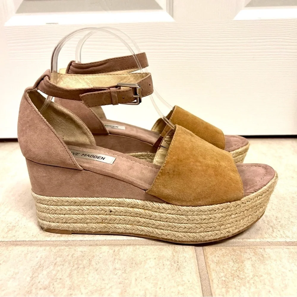 Steve Madden Apollo Suede Leather Espadrille Platform Sandals Gold Tan Boho 9M